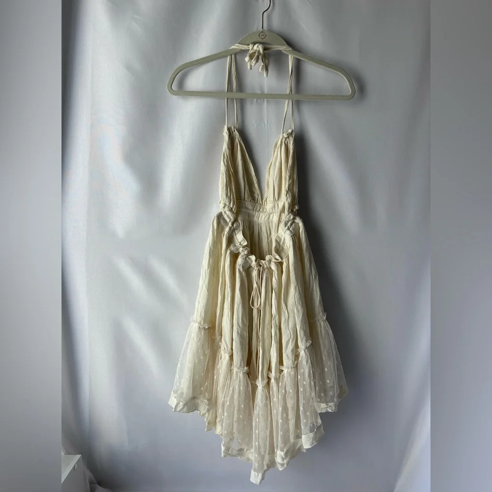 Cream Halter Flowy Sun Dress with Polka Dot Overlay - Picture 4 of 5